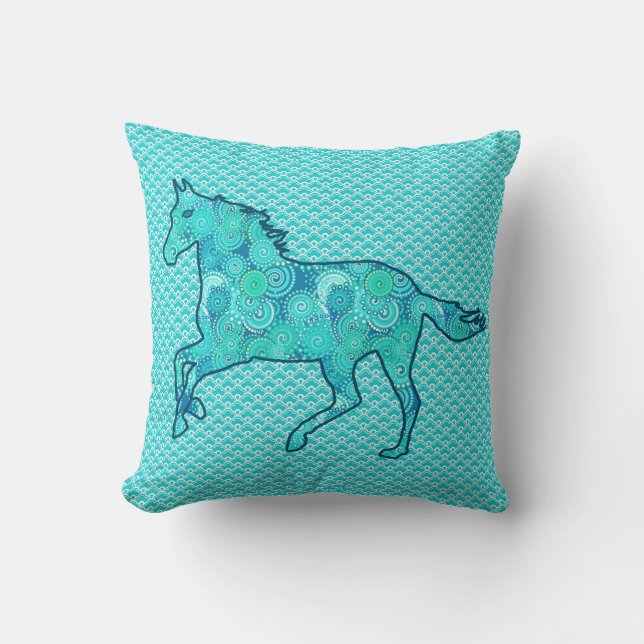 Running Horse Silhouette, Turquoise en Aqua Kussen (Voorkant)
