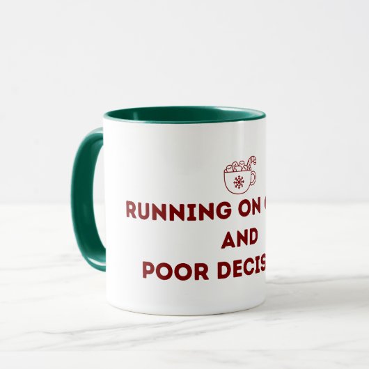 Running on Cocoa and Poor Decisions Christmas Mug Mok (Voorkant links)