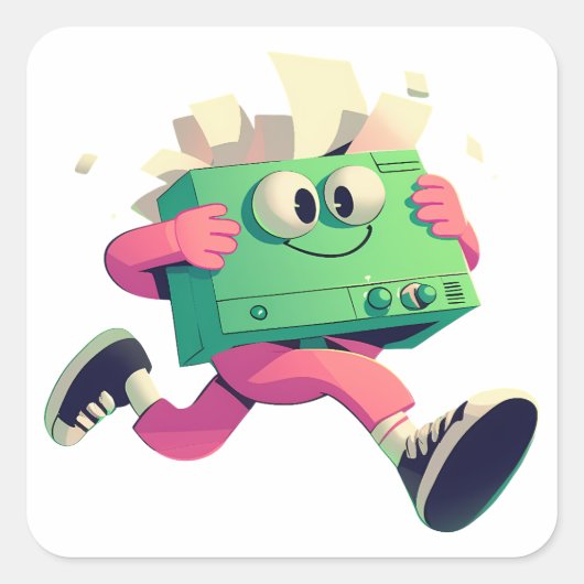 Running Printer with Flying Papers – Tech Humor Vierkante Sticker (Voorkant)