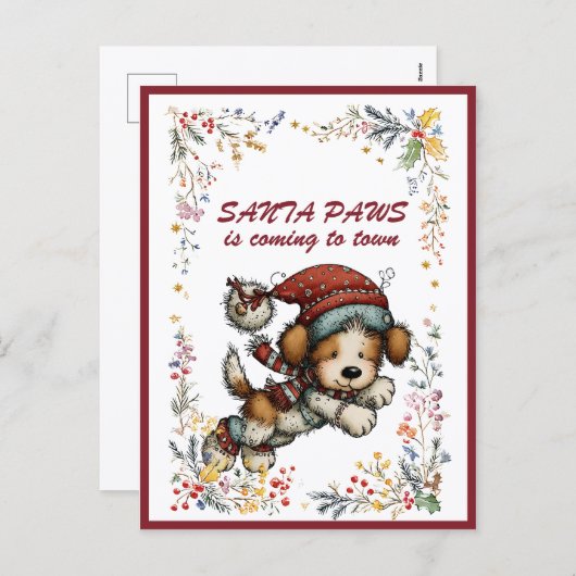 Running Puppy Dog SANTA PAWS is Coming to Town Feestdagenkaart (Voorkant / Achterkant)
