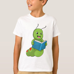 Rups bij lezen met boek t-shirt