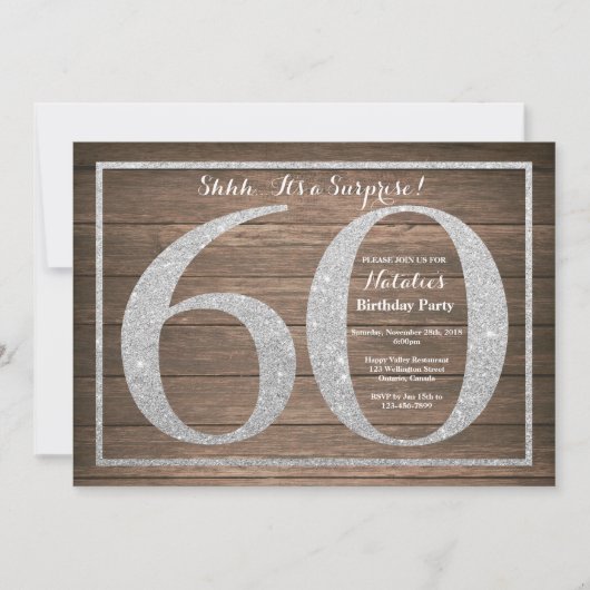 Rusic Surprise 60th Birthday Invitation Silver Kaart (Voorkant)