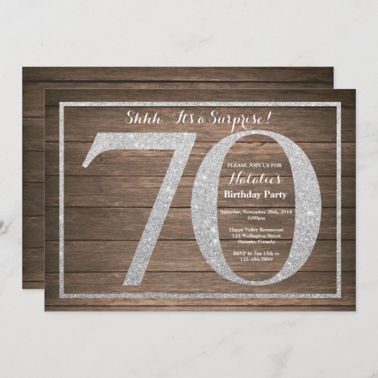 Rusic Surprise 70th Birthday Invitation Silver Kaart (Voorkant / Achterkant)