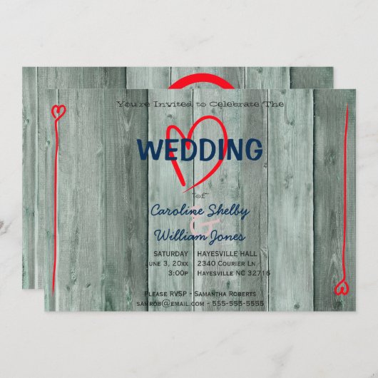 Rusitc Red Heart and Wood Faire-part de mariage (Devant / Derrière)