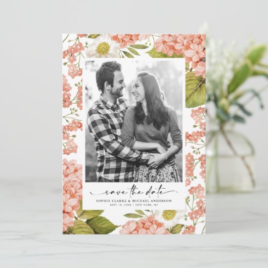 Ruso waterverf hydrangea's perzik foto save the date (Staand voorkant)