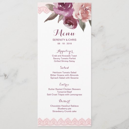 Russe aquarelle dentelle fleurie menu mariage de a (Devant)