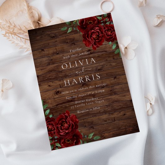 Russe Bourgogne Rouge Roses Faire-part de mariage