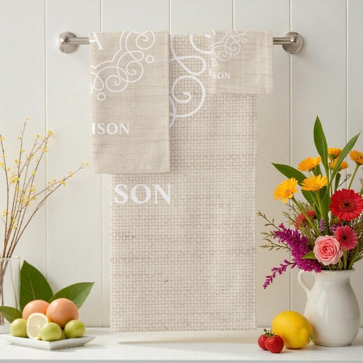 Russe Burlap Beige Farmhouse Monogramme