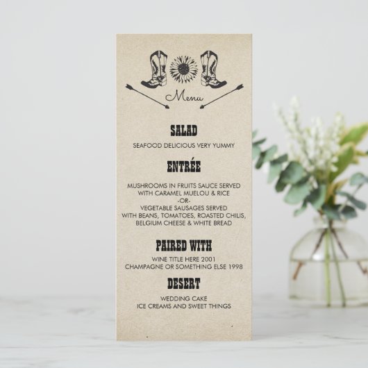 Russe Country Cowboy Boots Mariage Cartes de menu (Debout devant)
