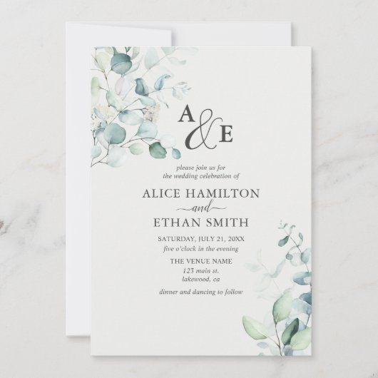 Russe Eucalyptus Script Faire-part de mariage d'ét (Devant)