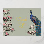 Russe Sage Green et Carte de remerciements Peacock<br><div class="desc">Ce Carte de remerciements Rustique Sage Green et Gold Peacock est doté d'un paon bleu/turquoise à la chinoise moderne, dressé à la main sur un magnolia en pleine floraison. Le dos contient un message de Merci personnel et des noms de mariée et de chambre. Élégant sauge greeb arrière - plan....</div>