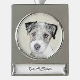 Russell Terrier Ruw Schilderij - Originele Honden Verzilverd Banner Ornament