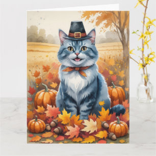 Russian Blue Cat Autumn verlaat Thanksgiving kunst Kaart