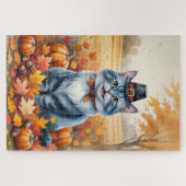 Russian Blue Cat Autumn verlaat Thanksgiving kunst Legpuzzel (Horizontaal)