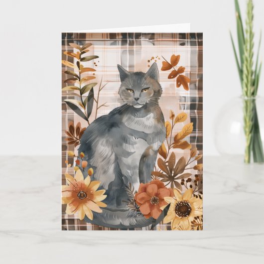 Russian Blue Cat Herfst Thanksgiving Kaart (Voorkant)
