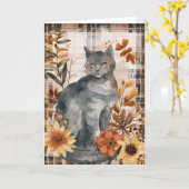 Russian Blue Cat Herfst Thanksgiving Kaart (Gele Bloem)