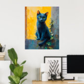 Russian Blue Cat in Golden Light – Peaceful Ledge  Poster (Thuiskantoor)