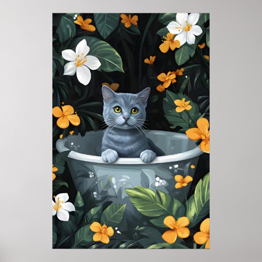Russian Blue In Bathtub Poster, Funny Cat Poster (Devant)