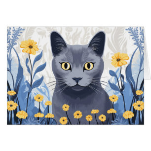 Russisch Blauw Kat Geel Bloemen Kaart