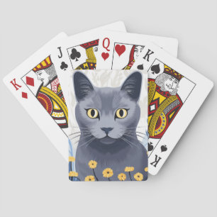 Russisch Blauw Kat Geel Bloemen Klassiek Pokerkaarten