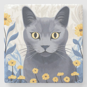 Russisch Blauw Kat Geel Bloemen Marmer Stenen Onderzetter