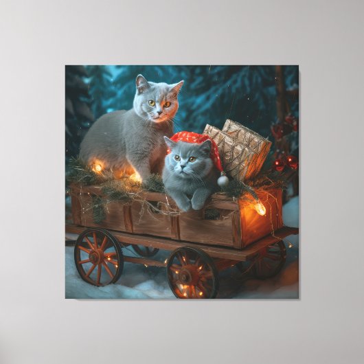 Russisch Blauw Kat Sneeuwachtige Sleigh Kerstmisde Canvas Afdruk (Voorkant)