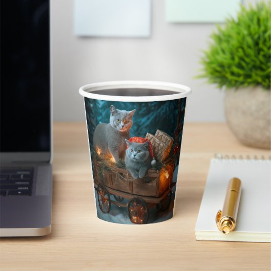 Russisch Blauw Kat Sneeuwachtige Sleigh Kerstmisde Papieren Bekers (Insitu)