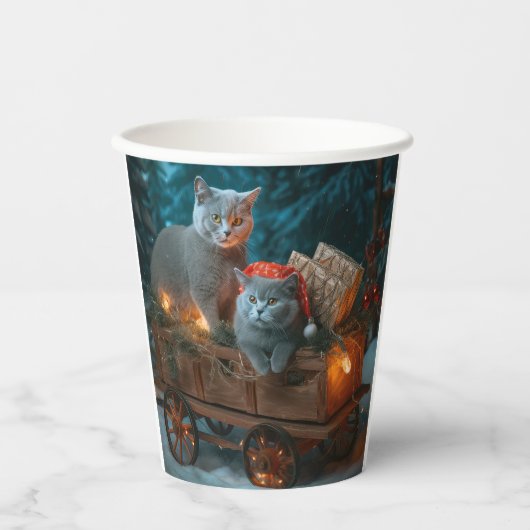 Russisch Blauw Kat Sneeuwachtige Sleigh Kerstmisde Papieren Bekers (Voorkant)