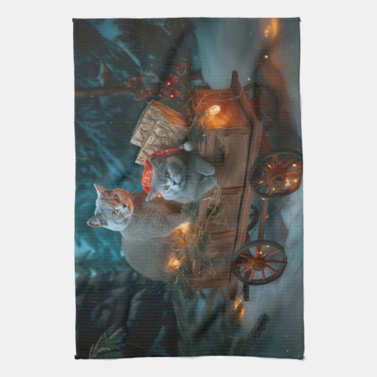 Russisch Blauw Kat Sneeuwachtige Sleigh Kerstmisde Theedoek (Verticaal)