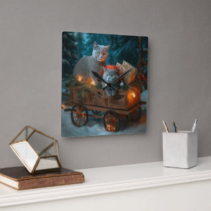 Russisch Blauw Kat Sneeuwachtige Sleigh Kerstmisde Vierkante Klok