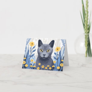 Russisch Blauwe Kat Gele Bloemen Bedankkaart
