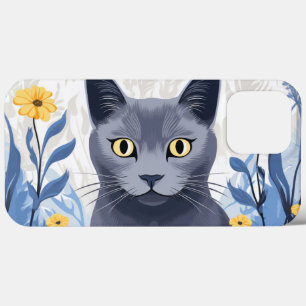 Russisch Blauwe Kat Gele Bloemen iPhone 13 Pro Max Hoesje