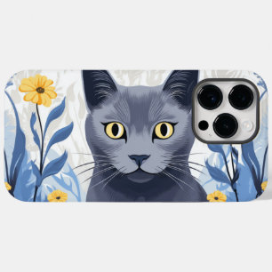 Russisch Blauwe Kat Gele Bloemen Case-Mate iPhone 14 Pro Max Hoesje