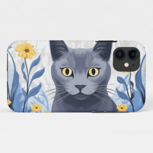 Russisch Blauwe Kat Gele Bloemen iPhone 11 Hoesje
