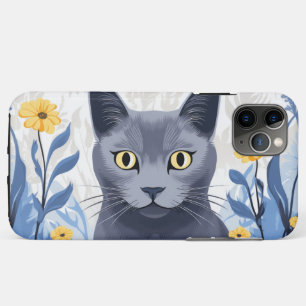 Russisch Blauwe Kat Gele Bloemen iPhone 11 Pro Max Hoesje