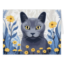 Russisch Blauwe Kat Gele Bloemen Grote Kaart
