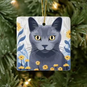 Russisch Blauwe Kat Gele Bloemen Keramisch Ornament