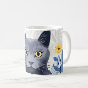 Russisch Blauwe Kat Gele Bloemen Koffiemok