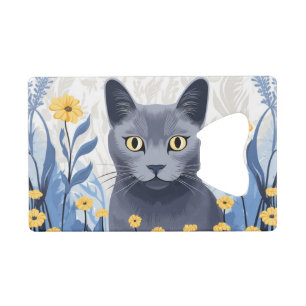 Russisch Blauwe Kat Gele Bloemen Kredietkaart Flessenopener
