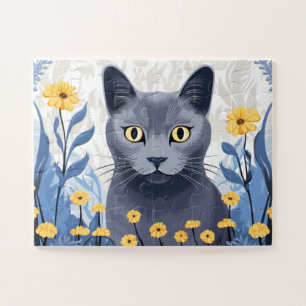 Russisch Blauwe Kat Gele Bloemen Legpuzzel