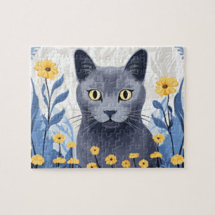 Russisch Blauwe Kat Gele Bloemen Legpuzzel