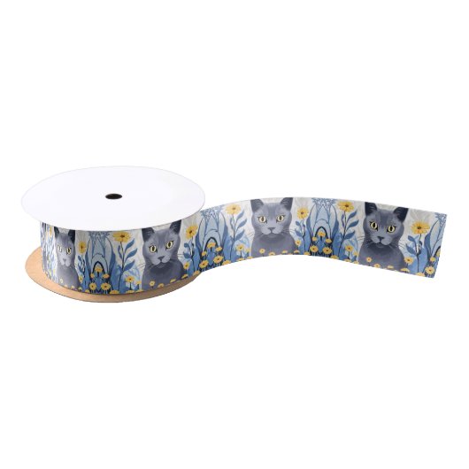 Russisch Blauwe Kat Gele Bloemen Lint (Spoel)