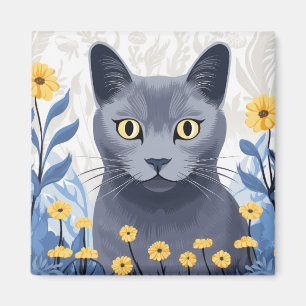 Russisch Blauwe Kat Gele Bloemen Magneet
