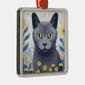 Russisch Blauwe Kat Gele Bloemen Metalen Ornament (Rechts)