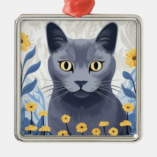 Russisch Blauwe Kat Gele Bloemen Metalen Ornament (Voorkant)