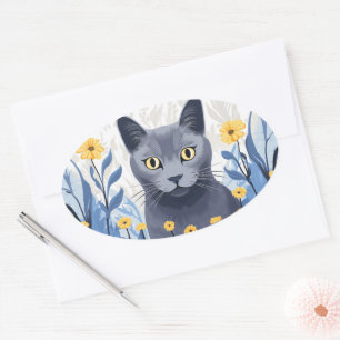 Russisch Blauwe Kat Gele Bloemen Ovale Sticker