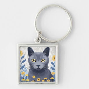 Russisch Blauwe Kat Gele Bloemen Sleutelhanger