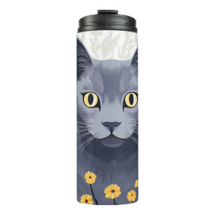 Russisch Blauwe Kat Gele Bloemen Thermosbeker