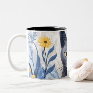 Russisch Blauwe Kat Gele Bloemen Tweekleurige Koffiemok