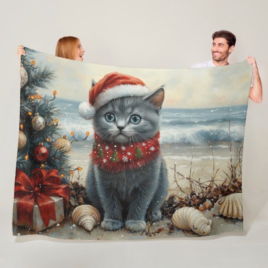 Russisch Blauwe Kat Kerst  Strand Fleece Deken (In situ)